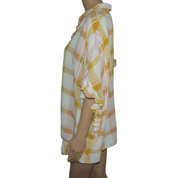 ana XLT Blouse Yellow Gold Pink White Plaid (XL tall) top shirt Tie Front Ruffle - Picture 8 of 10